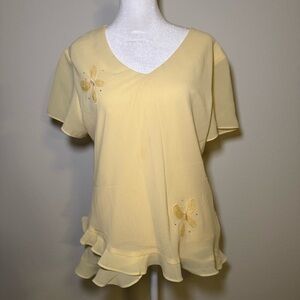 Elegant Yellow Women's Top with Butterfly Embroidery